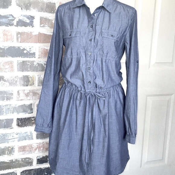 Gap Chambray Denim Dress Roll Tab Sleeve Utility Shirt Dress Size Small - Picture 3 of 11
